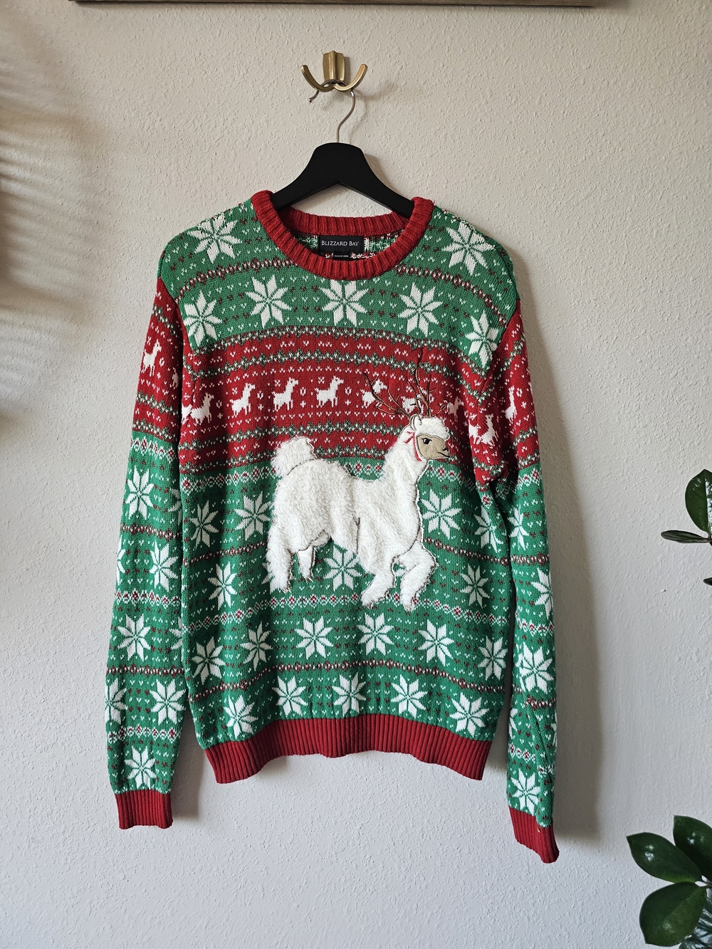 Ugly Christmas Sweater 100% Cotton Green & Red Llama Fair Isle Sweater